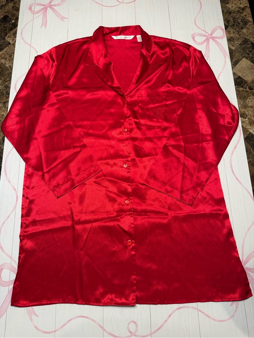 Vintage 90s Y2K Victoria's Secret Red Satin Button Up Sleep Shirt Nightshirt L